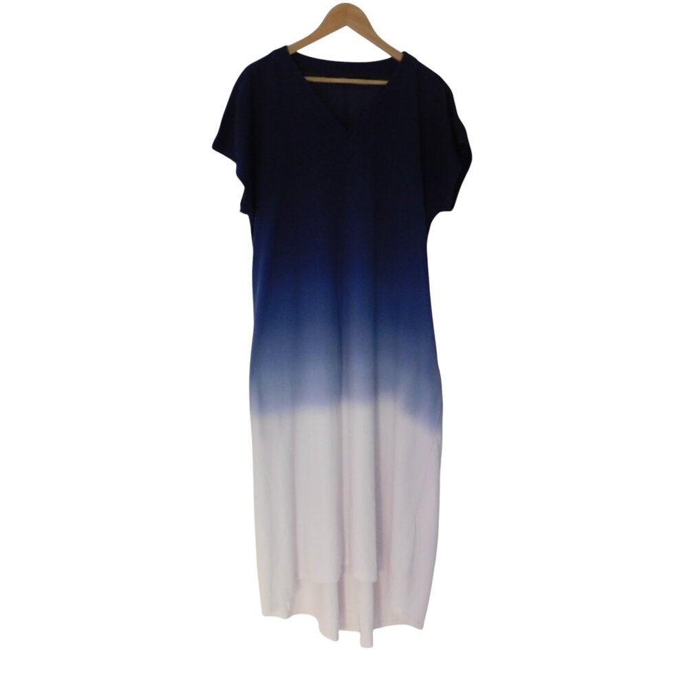 Lands' End Gauzy Cotton Ombre Maxi Dress Blue White Short Sleeves Pockets Large - Picture 6 of 6